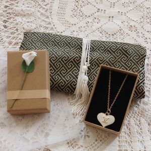 Elegant Gold and White Heart Pendant Necklace. with Jewelry Pouch